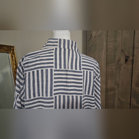 LIOR PARIS Blue/White BANDED COLLARNECK 3/4 ROLL TAB SLEEVE BLOUSE.FRIDA. Size S - Picture 11 of 11